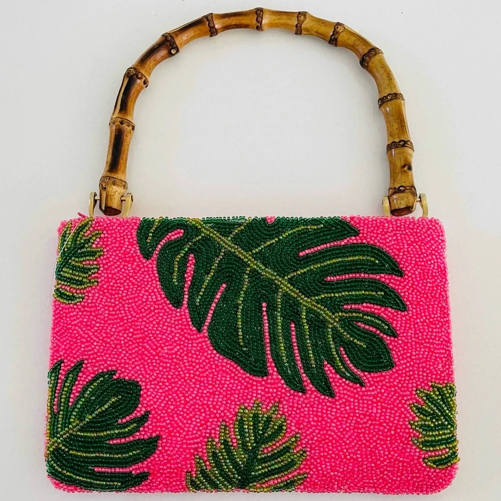 Tropical Pink Beaded Clutch with Bamboo Handle